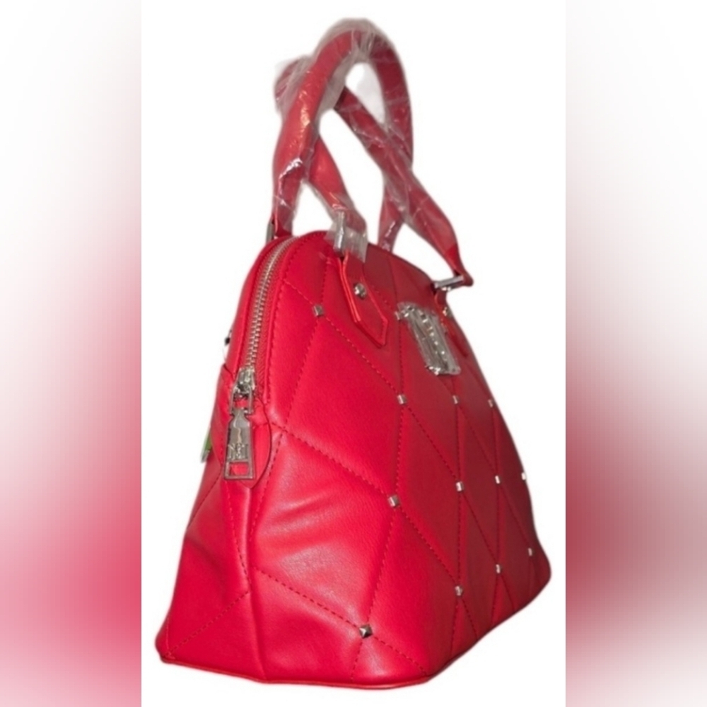 Badgley Mischka Red Quilted Satchell With Silver Accents, New! - Picture 3 of 7